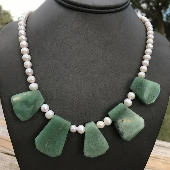 Genuine Natural Jade Nephrite Pearl Cleopatra Necklace Sterling Silver 925